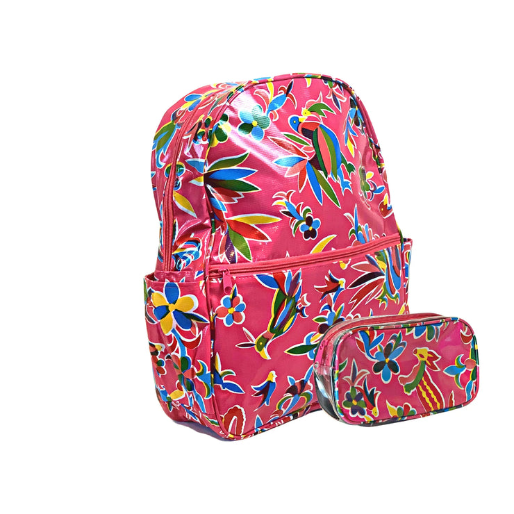 Side view: Otomi backpack with separate pencil case, multi-colored flower/animal print on pink background.