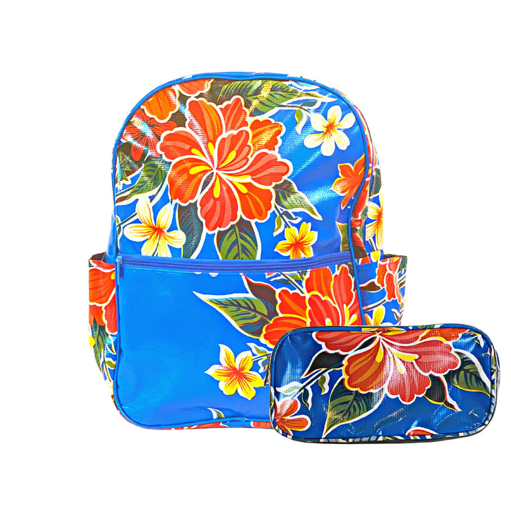 Front view: Multi-colored floral print on blue background backpack with matching pencil case. 