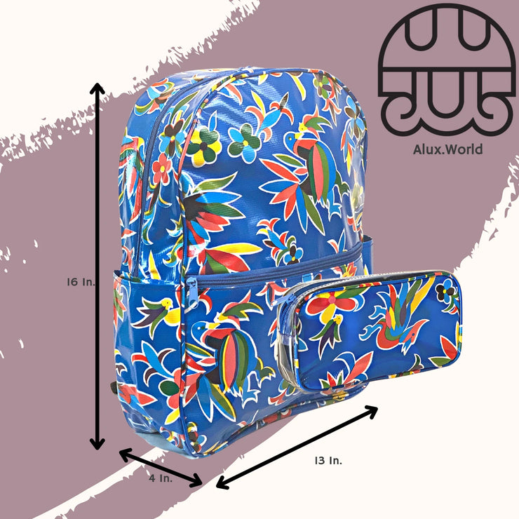 Side view: Otomi backpack with separate pencil case, multi-colored flower/animal print on blue background, with dimensions.