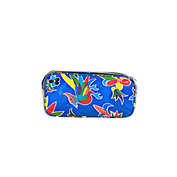 Front view: Otomi pencil case with multi-colored flower/animal print on blue background.