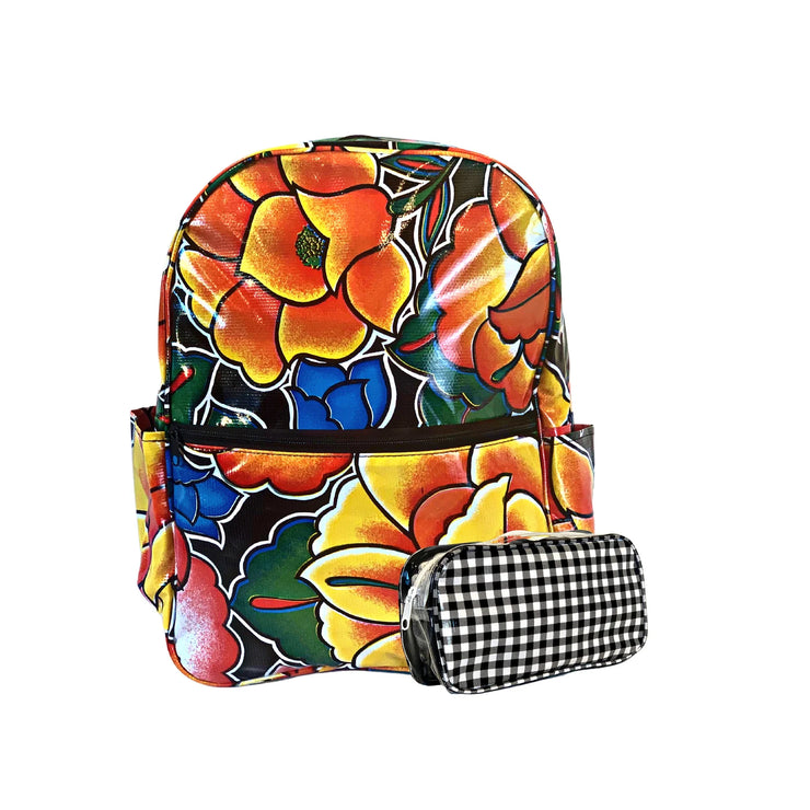 Front view: Multi-colored floral print on black background backpack with black and white checkered pattern pencil case. 