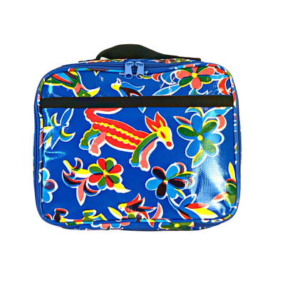 Front view: Multi-colored animal/floral print on blue background lunchbox.