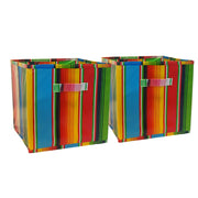 Front view: Two collapsable storage bins, multi-colored vertical striped pattern.