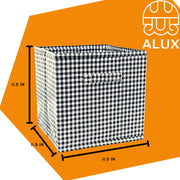 Front view: One collapsable storage bin, white and black checkered pattern, with dimensions.