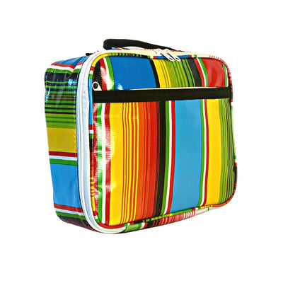 Angle view: Multi-colored vertical striped pattern lunchbox. 