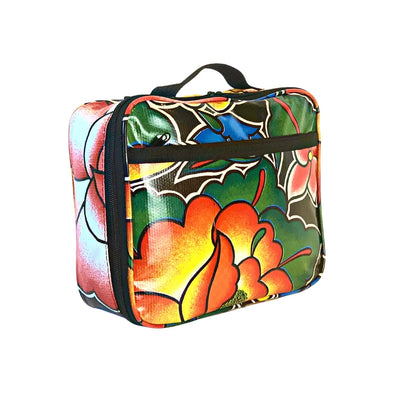 Angle view: Large multi-colored floral print lunchbox.