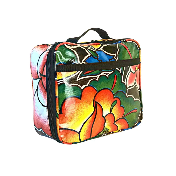 Angle view: Large multi-colored floral print lunchbox.