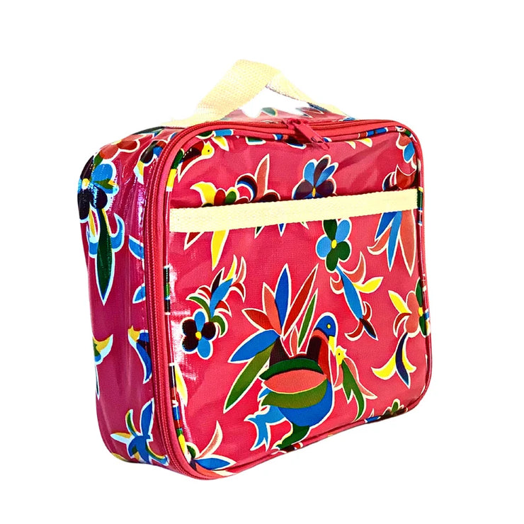 Angle view: Multi-colored animal/floral print on pink background lunchbox. 