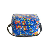 Front view: Multi-colored animal/floral print on blue background lunchbox with black strap handle.