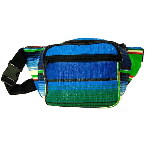 Front view: Serape fannypack with multi-colored striped pattern. 