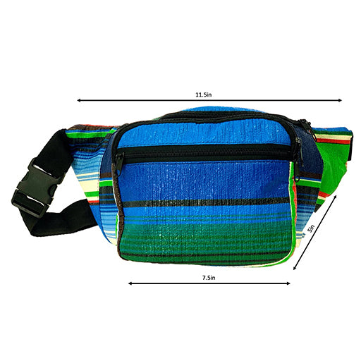 Front view: Serape fannypack with multi-colored striped pattern, showing dimensions of fannypack. 