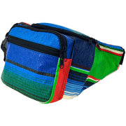 Side view: Serape fannypack with multi-colored striped pattern.